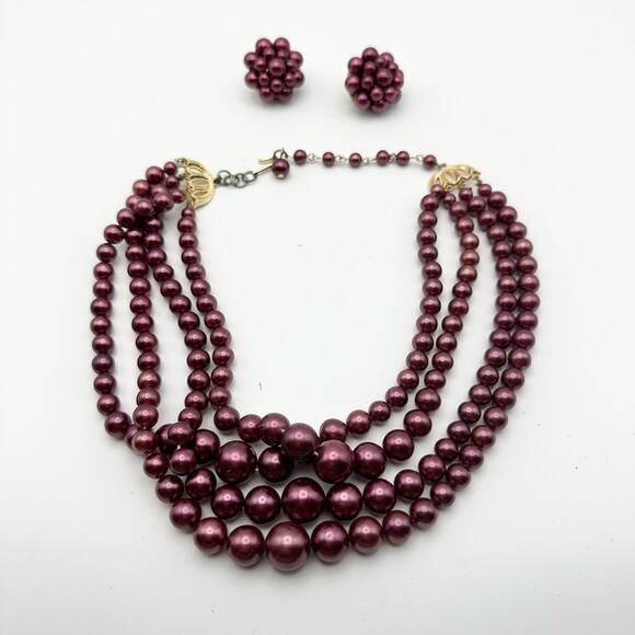 Vintage Japan Purple Metallic Round Bead Four Strand Necklace Clip Earrings Set - Picture 6 of 6
